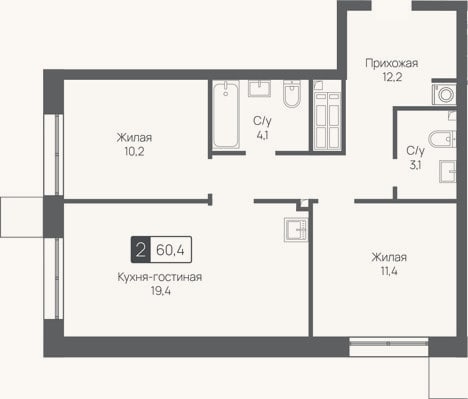 Планировка: 3-к, 60,4 м²