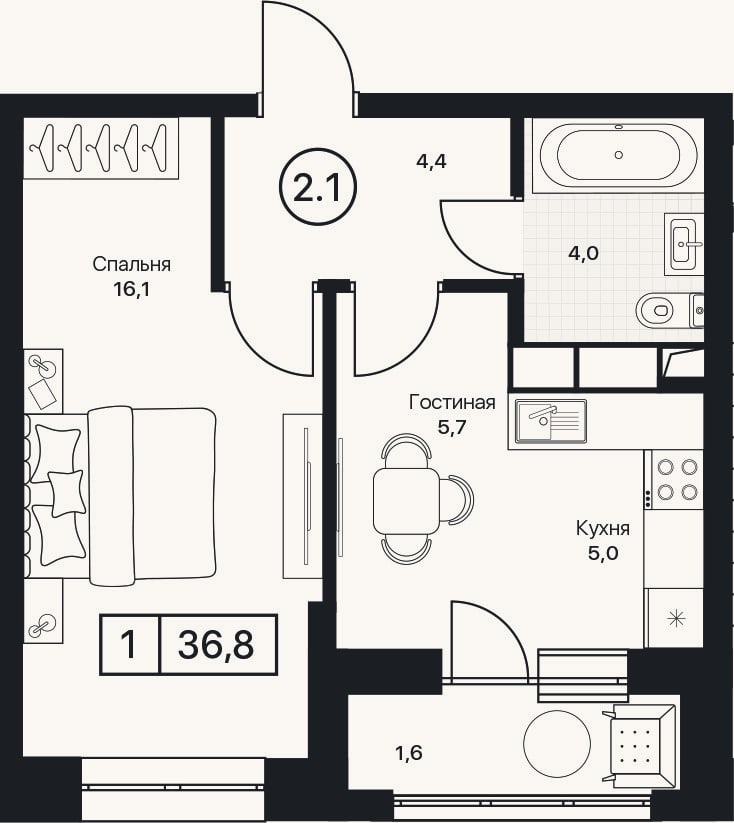 Планировка: 1-к, 35,2 м²