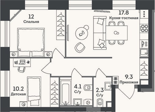 Планировка: 3-к, 55,7 м²