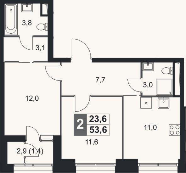 Планировка: 2-к, 52,2 м²