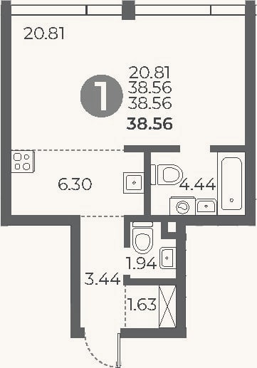 Планировка: Студия, 38,6 м²