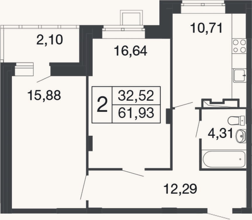 Планировка: 2-к, 59,8 м²