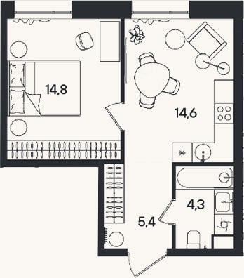 Планировка: 1-к, 39,1 м²