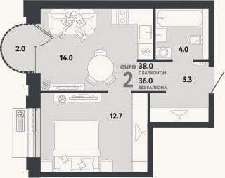 Планировка: 2-к, 36 м²