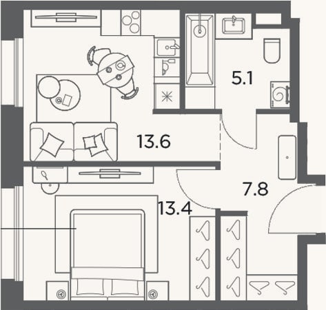 Планировка: 1-к, 39,9 м²
