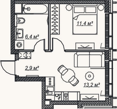Планировка: 2-к, 34 м²