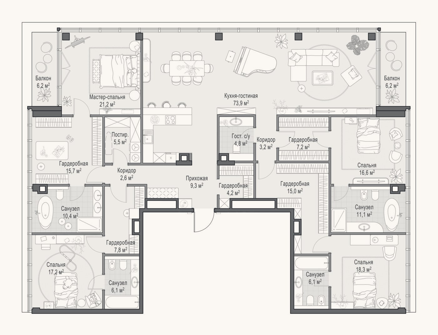 Планировка: 4+ к, 261,3 м²