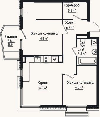 Планировка: 2-к, 55,2 м²