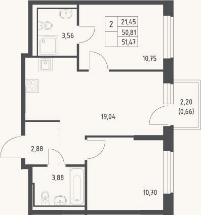 Планировка: 3-к, 50,8 м²