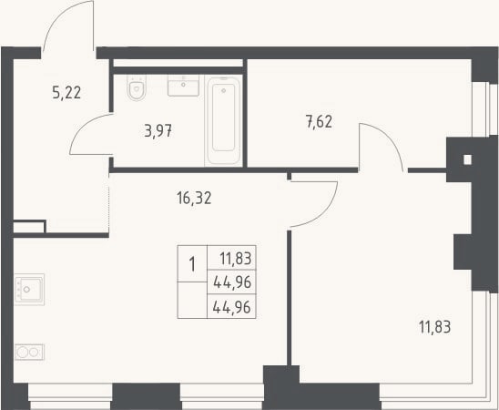 Планировка: 2-к, 44,9 м²