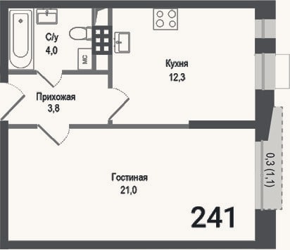 Планировка: 1-к, 41,1 м²