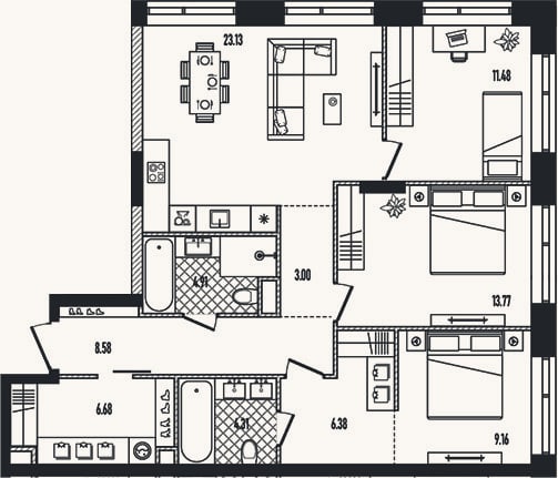 Планировка: 4+ к, 91,4 м²