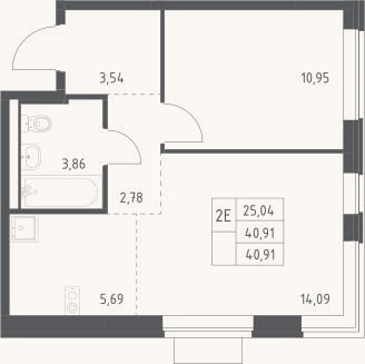 Планировка: 2-к, 40,9 м²