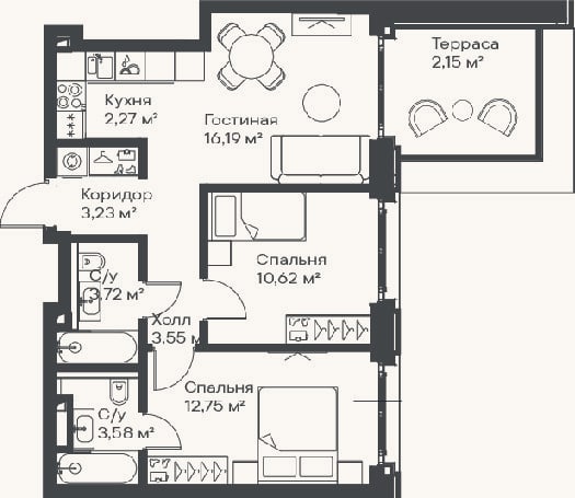 Планировка: 3-к, 55,9 м²