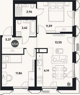 Планировка: 3-к, 55,1 м²