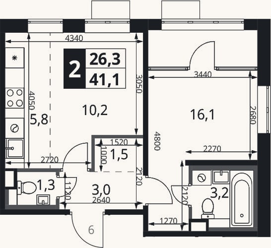 Планировка: 2-к, 41,1 м²