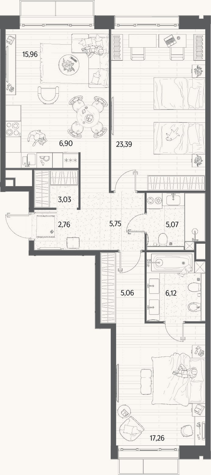 Планировка: 3-к, 91,3 м²