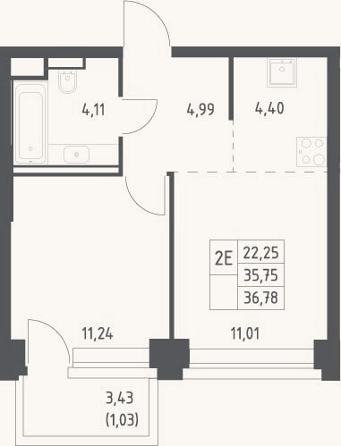 Планировка: 2-к, 35,8 м²