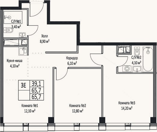 Планировка: 3-к, 65,7 м²