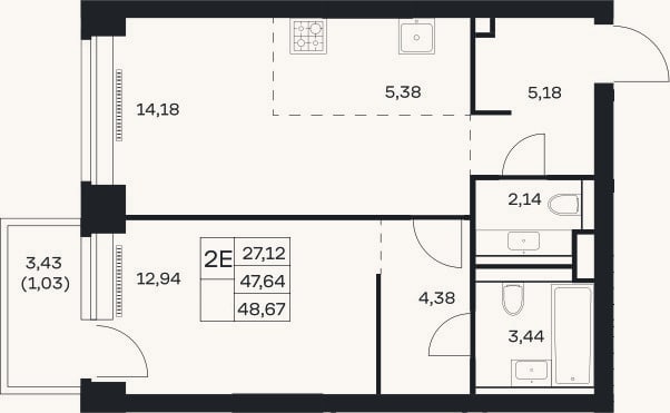 Планировка: 2-к, 47,6 м²