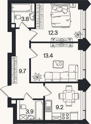 Планировка: 2-к, 52,3 м²