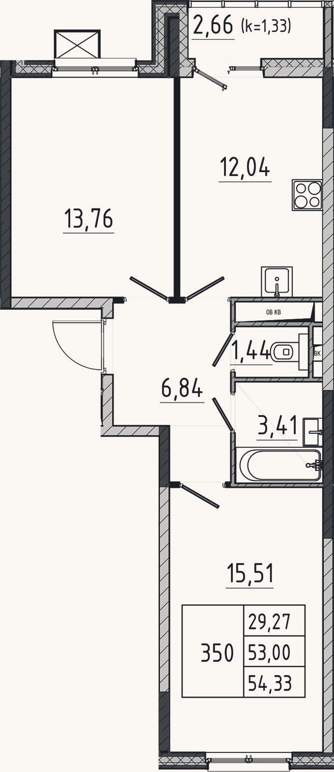 Планировка: 2-к, 53 м²