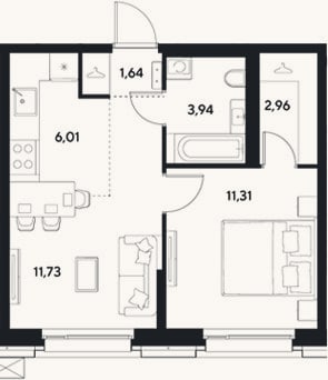 Планировка: 2-к, 37,6 м²