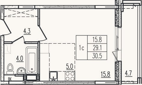 Планировка: Студия, 28,9 м²