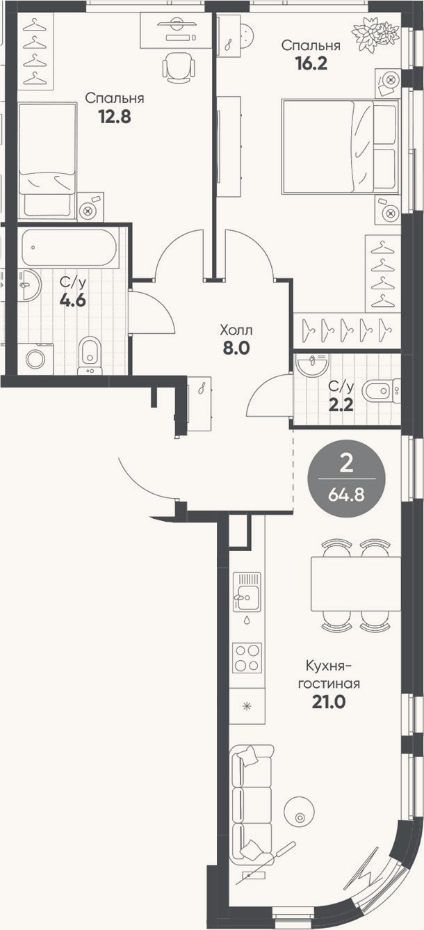 Планировка: 3-к, 64,8 м²