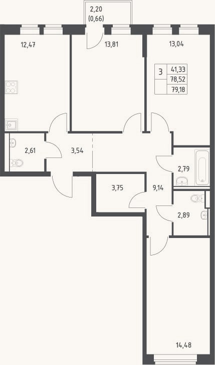 Планировка: 3-к, 77,1 м²