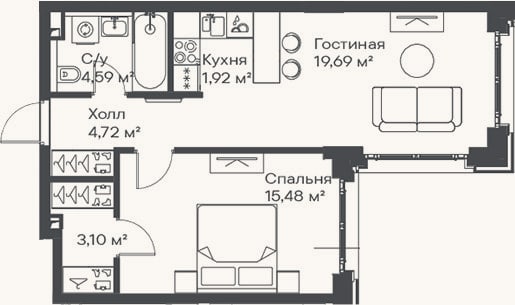 Планировка: 2-к, 49,5 м²