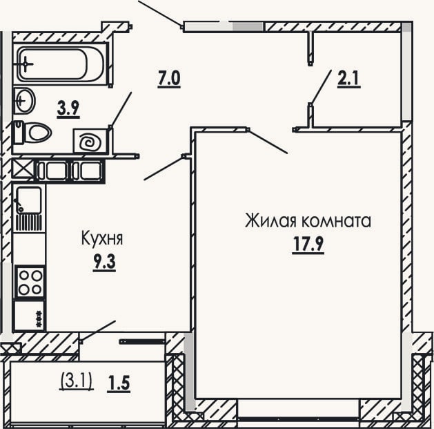 Планировка: 1-к, 40,2 м²
