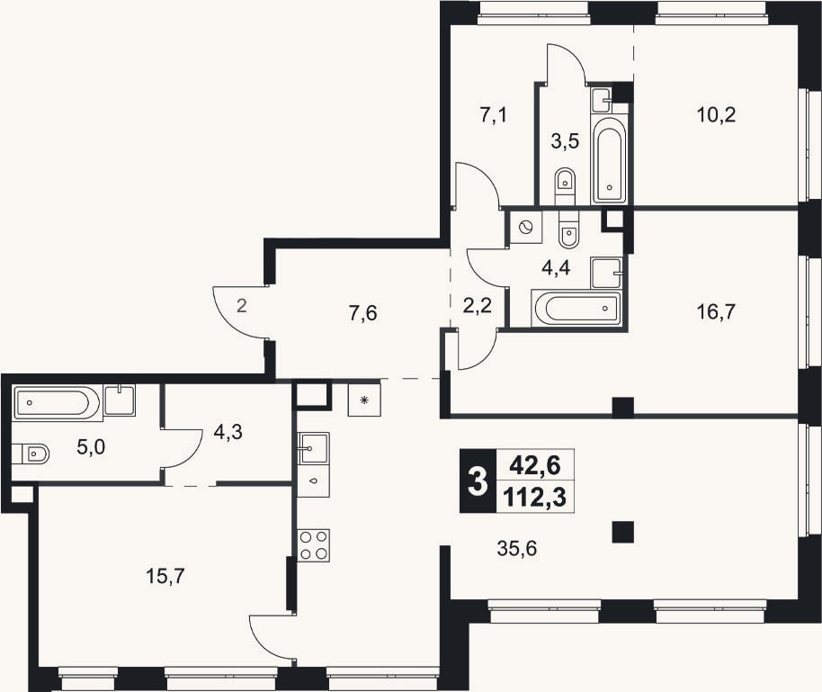 Планировка: 3-к, 112,3 м²