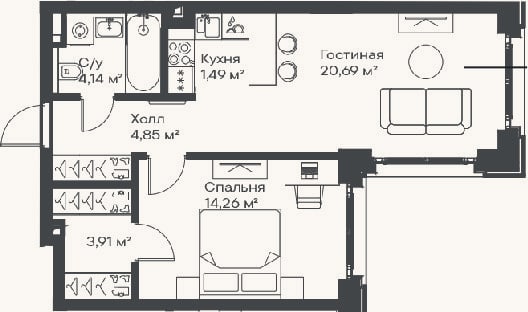 Планировка: 2-к, 49,3 м²