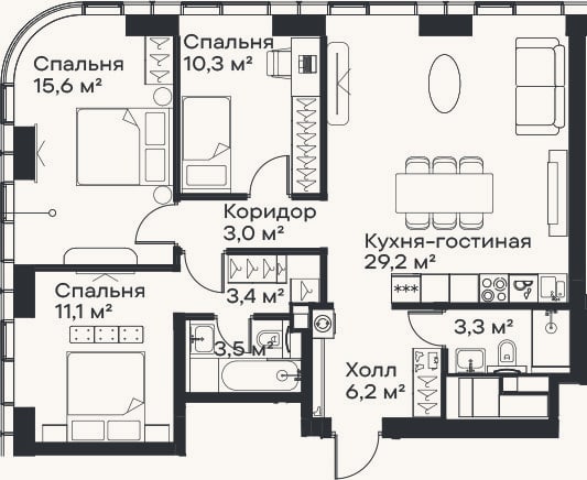 Планировка: 4+ к, 85,6 м²