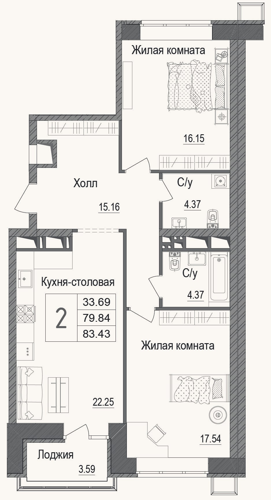 Планировка: 2-к, 81,7 м²