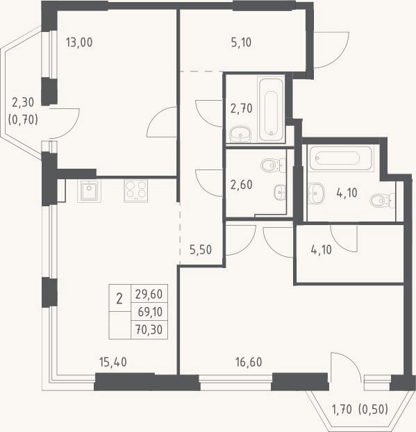 Планировка: 3-к, 69,1 м²