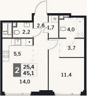 Планировка: 2-к, 45,1 м²