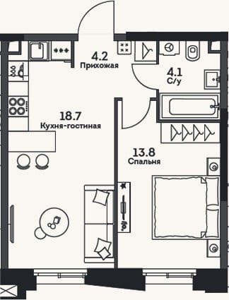 Планировка: 2-к, 40,8 м²