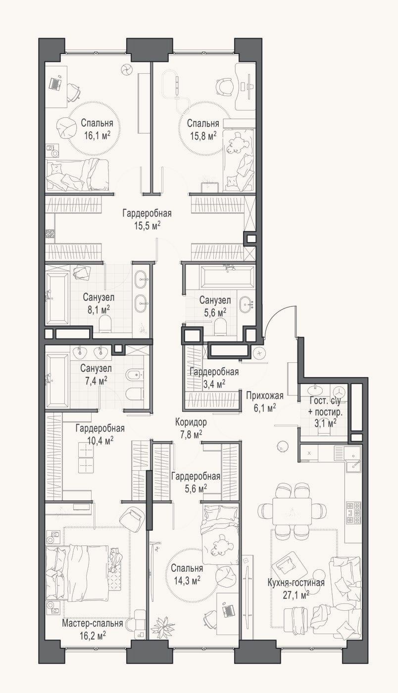 Планировка: 4+ к, 163,6 м²