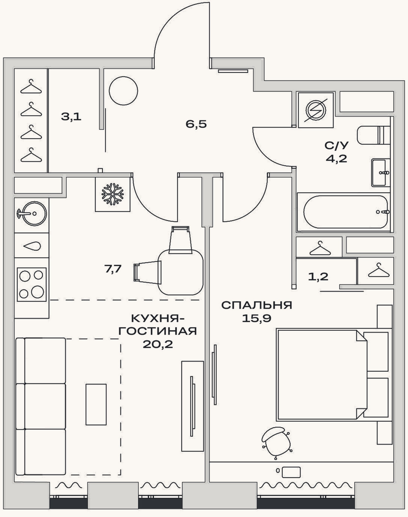 Планировка: 2-к, 51,1 м²