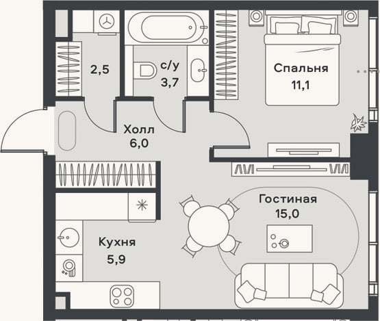 Планировка: 2-к, 44,2 м²