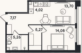 Планировка: 2-к, 49,5 м²
