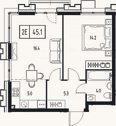 Планировка: 2-к, 44,9 м²