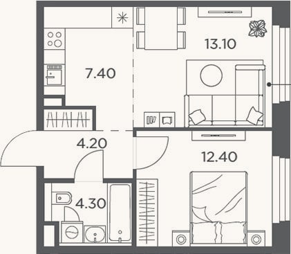 Планировка: 2-к, 41,4 м²