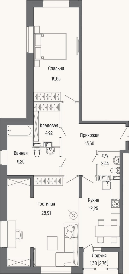 Планировка: 2-к, 89,9 м²