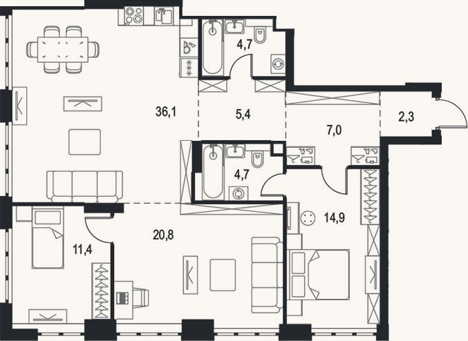Планировка: 3-к, 107,3 м²