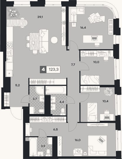 Планировка: 4+ к, 123,3 м²