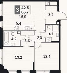 Планировка: 3-к, 65,7 м²