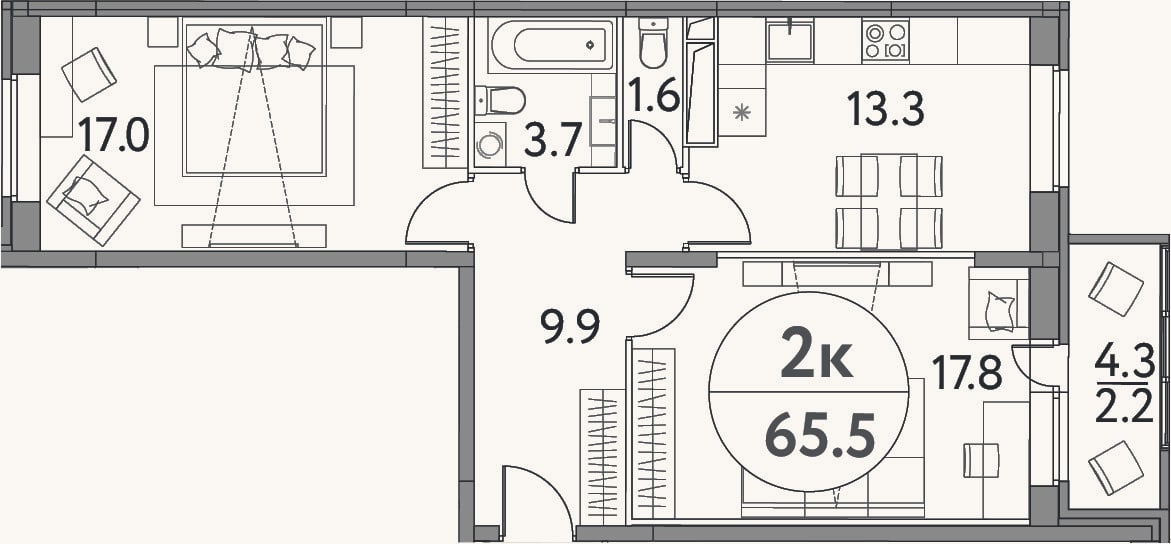 Планировка: 2-к, 63,3 м²